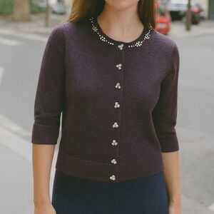 Zara Preppy Rhinestone Embellished Cardigan Sweater Plum M